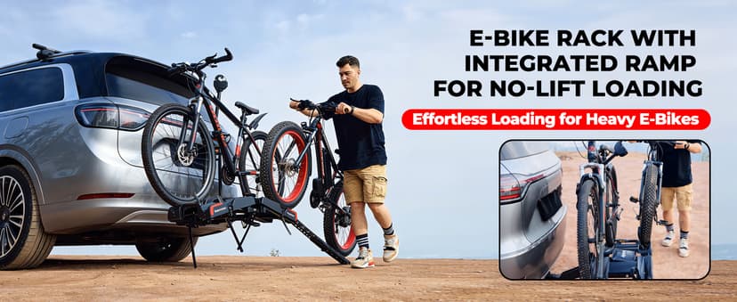 Ebike Rack with Ramp for 2 E-Bikes, Hitch Bike Rack Fits 5" Fat Tire, Heavy-Duty Platform Carrier with Ramp, Foldable Tilting Locking, 2" Receiver for Cars SUVs Trucks, No Assembly