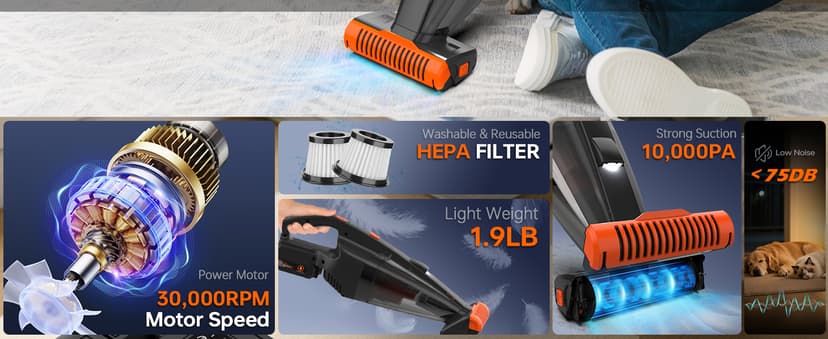 Viewmax Pet Hair Vacuum, Handheld Vacuum Cordless Rechargeable with LED, 10000Pa Suction, 20V Lightweight Portable Hand Vacuum with Multi-Nozzles & Washable HEPA Filter for Pet Hair, Car and Home