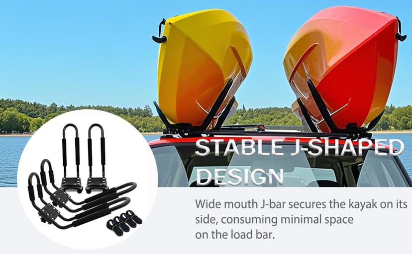 Kayak Roof Rack for 2 Kayaks Carrier, Kayak J Bar Hooks Roof Mount Racks for Universal Cars, SUV, Truck, Set of 4 Racks