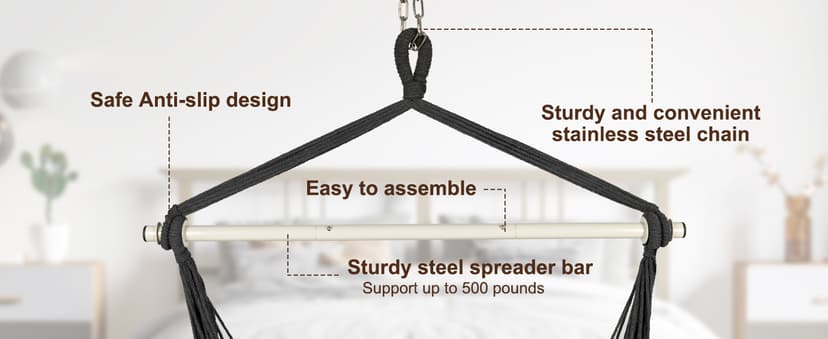 Y- STOP Hammock Chair Hanging Rope Swing, Max 500 Lbs, 2 Cushions Included, Large Macrame Hanging Chair with Pocket, Cotton Weave for Superior Comfort, Durability (Dark Grey)