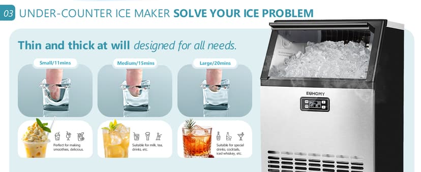 EUHOMY Commercial Ice Maker Machine, 100lbs/24H Stainless Steel Under Counter ice Machine with 33lbs Ice Storage Capacity, Freestanding Ice Maker.