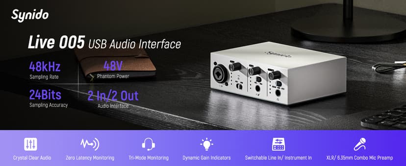 Synido USB C Audio Interface for Recording Music, Streaming, Podcasting with XLR, Line Input, 24bit/48kHz, 48V Phantom Power, 2-channel, Silver