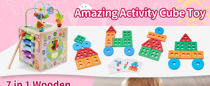 Wooden Activity Cube | Montessori Toys for 1 2 3 Year Old Toddlers | One Year Old 1st First Birthday Gift | Educational Toys for 12+ Months Baby Boys Girls | Bonus Sorting & Stacking Game (Pink)