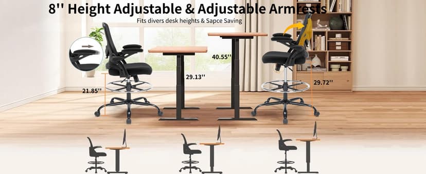 Drafting Chair, Tall Office Chair for Standing Desk, Ergonomic Standing Desk Chair with Flip-up Armrests, Counter Height Office Chair with Footrest and Adjustable Lumbar Support