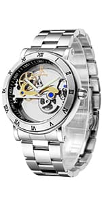 GLEIM Gute Mens Watches, Mechanical Skeleton Automatic Self-Winding Steampunk Watch for Men, Casual Clock Brown Leather Wrist Watch