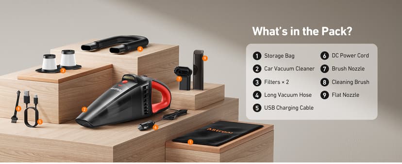 AstroAI Handheld Car Vacuum Cordless with Accessories, Portable Vacuum Cleaner with 12V DC Power, LED Light, Brush, Extended Suction Pipe, Hose, Mini Handheld for Car, Home, Office, and Pet Hair, Red