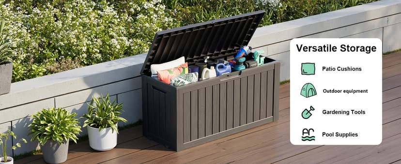 EasyUp 85 Gallon Outdoor Storage Box, Resin Waterproof UV-Resistant Deck Box, Reinforced Stability for Patio, Garden, and Poolside, Striped Black