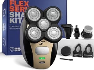 FlexSeries Electric Head & Body Hair Shaver - Mens Cordless Rechargeable Wet/Dry Skull Bald Head Back & Groin Waterproof Razor with Rotary Blades, Clippers, Nose Trimmer, Brush, Massager