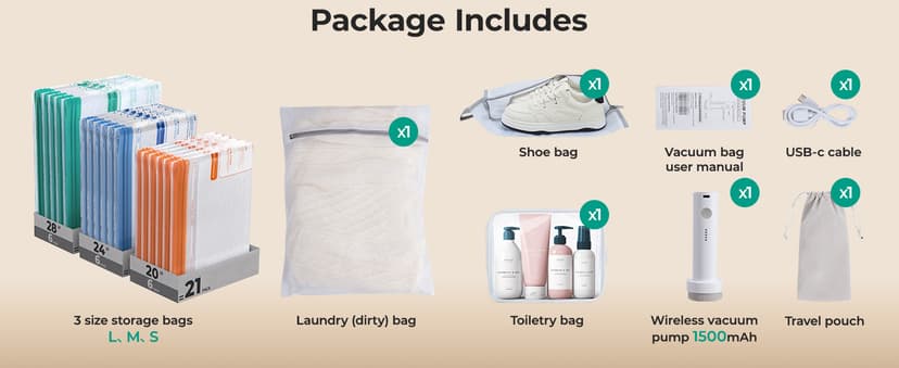 BAGSMART Vacuum Storage Bags for Travel with Rechargeable Air Pump, 18 Pack Portable Space Saver Bags for Travel & Home, Vacuum Compression Seal Bag for Clothing, Blanket, Duvets