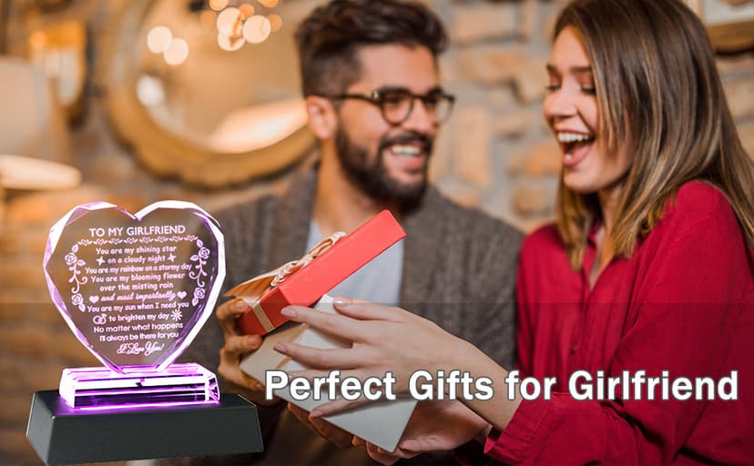 YWHL Romantic Girlfriend Gifts from Boyfriend, To My Girlfriend Crystal Heart Shaped Keepsake with Colorful Light Base, Girlfriend Birthday Gift, Gifts for Girlfriend on Anniversary Valentine