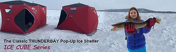 THUNDERBAY Ice Cube Series Pop-Up Hub-Style Ice Fishing Shelter, 68-112 Square Feet of Fishable Area, Portable 6-8 Person Ice Shanty