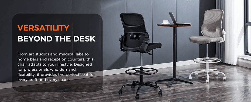 Drafting Chair Armless, Tall Office Chair with Adjustable Foot Ring and Lumbar Support, Ergonomic Mesh High Desk Chair for Standing Desk, Black