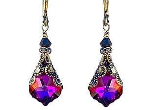 HisJewelsCreations Antique Inspired Vintage Victorian Dangle Drop Earrings for Women - Colored Austrian Crystal Leverback Earrings - Jewelry Gift for Her