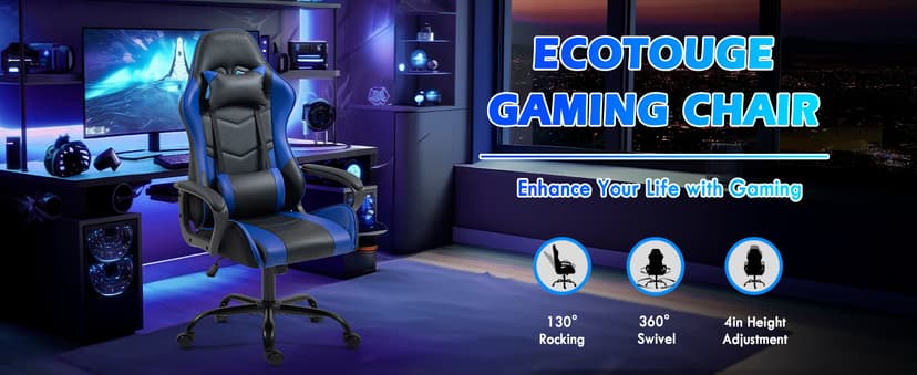 ECOTOUGE Gaming Chair, Ergonomic Video Game Chair with Massage Lumbar Support & Rocking High Back, 360° Swivel Computer Gamer Chair for Gaming or Office, Height Adjustable, Blue