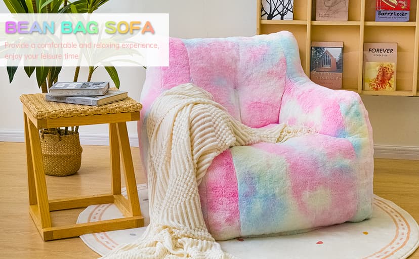 Bean Bag Chair with Filling, Faux Fur Comfy BeanBag Chairs for Teens, Adults, Bedroom, Living Room, Reading - Rainbow