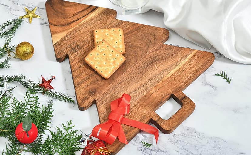 Affinity Decor Organic Acacia kitchen Cutting Chopping Board Platter Wine Holder with Handles for Butcher Block Cheese and Vegetables Fruit & Salad (Christmas Tree Board 14"L x 11"W)