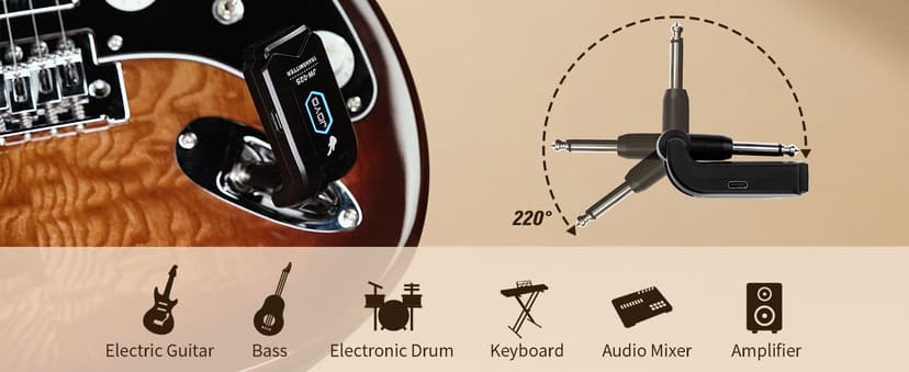 JOYO 5.8GHz Wireless Guitar System Wireless Guitar Transmitter Receiver Rechargeable Audio with 4 Signal Channels for Electric Guitar Bass 20M (JW-02S)