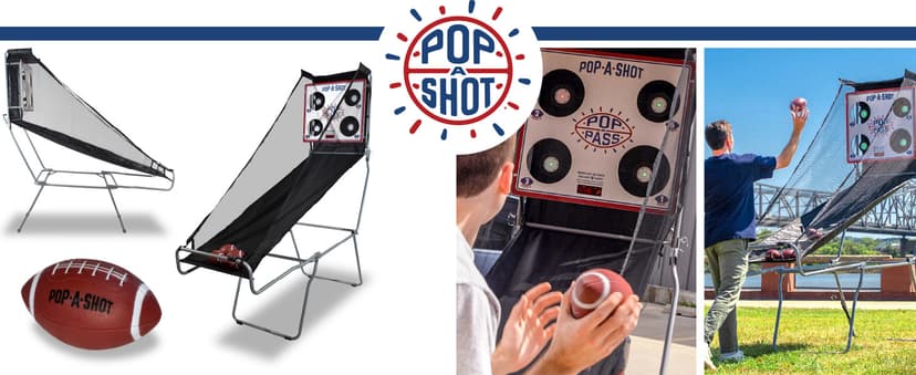 Pop-A-Shot Official Pop-A-Pass Electronic Arcade Style Football Toss Game | 4 Inflatable Mini Footballs | Foldable, Portable, Tote Bag Included