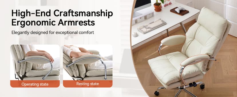 LEAGOO Office Chair with Foot Rest, Ergonomic Executive Office Chair with Arms, Reclining High Back PU Leather Comfy Swivel Computer Desk Chairs with Wheels and Lumbar Support for Home Office, Cream