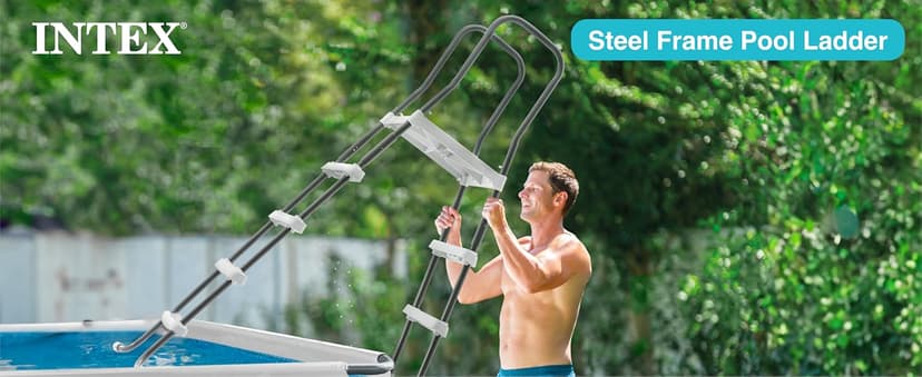Intex 28067E Steel Frame 52" Pool Entry Step Ladder with Secure Non-Slip Steps for Above Ground Outdoor Swimming Pools, Silver