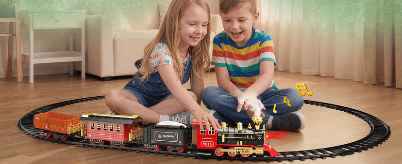 Hot Bee Train Set - Train Toys for Boys with Smokes, Lights and Sound, Toy Train Set for Under Christmas Tree, Toddler Model Trains for 3 4 5 6 7 8+ Years Old Kids Christmas Toys Gifts