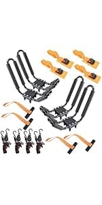 Kayak Roof Rack 2 Pairs Heavy Duty J-Bar Carrier Holder for Canoe, SUV, Cars, Truck, Surf Ski, Tie-Mount on Car Roof Top Crossbar for Trip - Includes 8 Pcs Ratchet, Set of 4