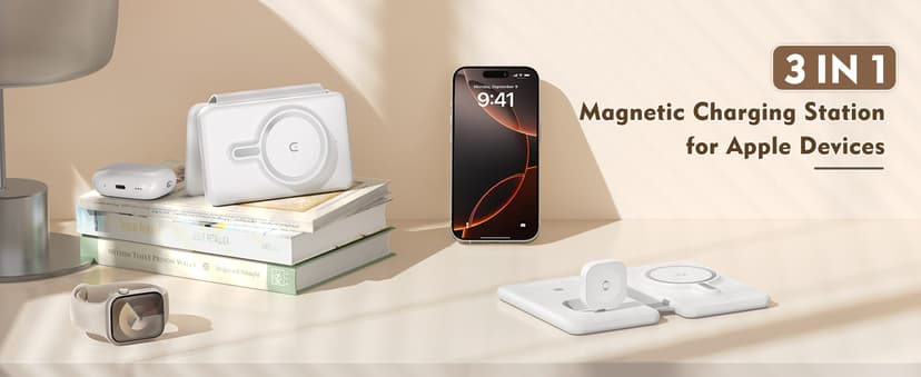 Magnetic Wireless Charger for iPhone: 3 in 1 Travel Charging Station for Apple Devices for iPhone 17 Air 16 15 14 13 12 Pro Max Plus - Foldable Charging Pad for Apple Watch Series & Airpods 4 3 2 Pro