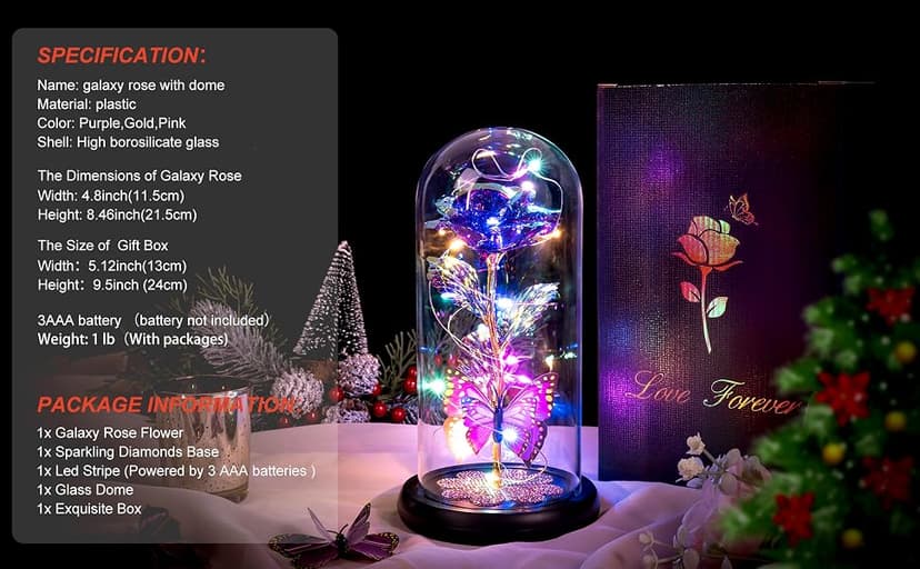 Birthday Gifts for Women Mom, Galaxy Glass Rose Forever Eternal Crystal Flower Light Up Rose in Glass Dome with Butterfly Mothers Day Christmas Rose Gifts for Her Wife Daughter Friends Colorful