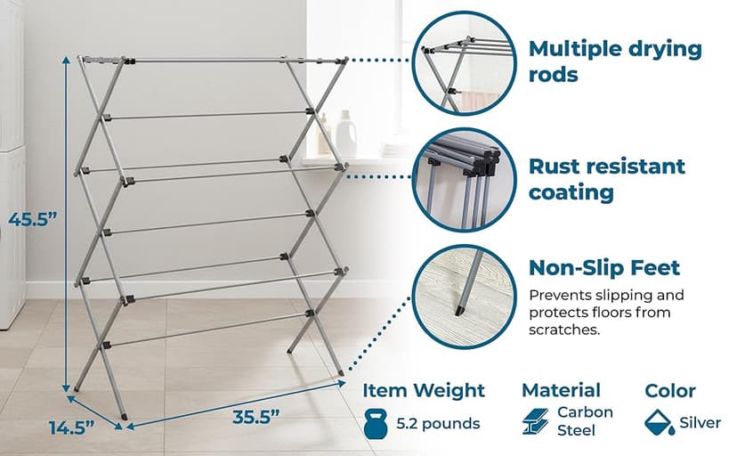 Honey-Can-Do Collapsible Laundry Drying Rack, Sturdy Steel, Foldable & Portable Clothes Drying Rack, Space-Saving Design, Indoor & Outdoor Drying, Ideal for Laundry Room 50lb Capacity, Silver