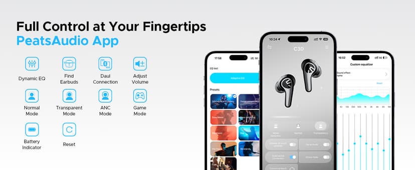 SOUNDPEATS C30 Hybrid ANC Earbuds with LDAC Hi-Res Audio, 52H Playtime -52dB Adaptive Noise Cancelling Wireless Earbuds, 6-Mic Clear Call, 12mm Driver, Bluetooth 6.0, Multi-Point, IP54 for Work/Travel