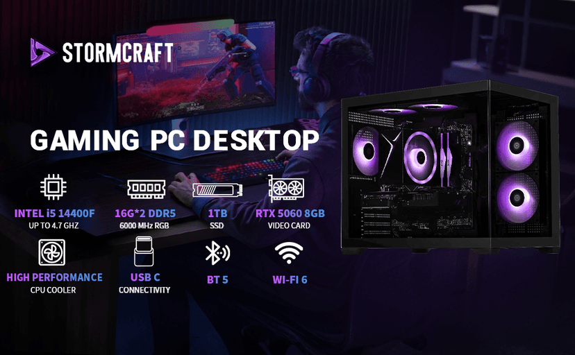 STORMCRAFT Sirius AI Gaming Desktop - Intel i5 14400F up to 4.7GHz, RTX 5060 GDDR7, 32GB DDR5 RGB 6000MHz, 1TB NVMe Gen4 SSD, Intel B760 Motherboard, 650W Gold PSU, Win 11 Home VR Ready