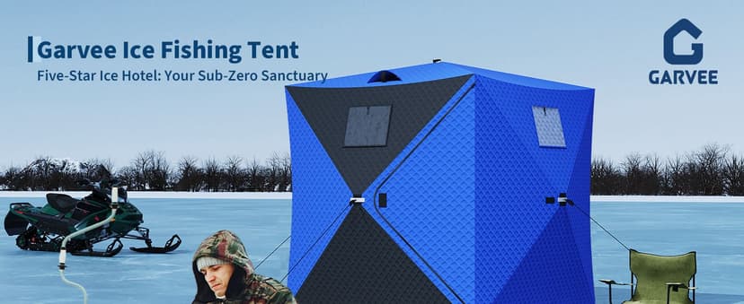 Garvee Pop Up Ice Fishing Shelter and Insulated Ice Fishing Tent with 49ft LED Light Strip, Windproof Portable Hub Design, Fits 1-8 People, 25-69 sq ft Fishable Area, Blue+Black