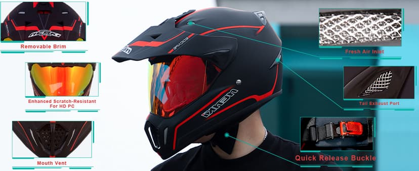 Dirt Bike Helmets ATV MX Motocross Four Wheeler Helmets for Adults Dual Sport Off Road Motorcycle Helmets for Men Women Full Face Helmet Dot Approved Color Red Shield