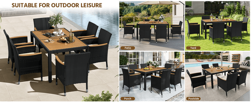 Yaheetech 7 Piece Patio Furniture Set, Outdoor Dining Acacia Wood Table Top Rattan Conversation Set with Soft Cushions, 6 Chairs & 1 Table for Backyard, Deck, Garden & Yard, Black/Beige