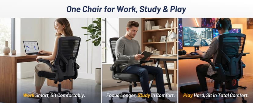 Office Desk Chair for Long Hours & Lower Back Pain Relief – 4“ Thick Molded Foam Cushion, Enhanced Lumbar Support, Padded Flip-up Armrests, Ideal for Office or Study, Black