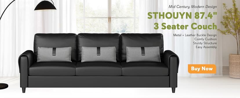 STHOUYN 88” Faux Leather Couch for Living Room, Black Office Couch Small Space, Comfy 3 Seater Couches Leather Sofa with High Backrest (Black)