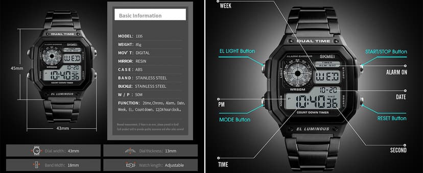 FANMIS Men's Luxury Digital Quartz Waterproof Wrist Watches Dual Time Countdown Alarm Stopwatch Backlight Multi-Function Watch