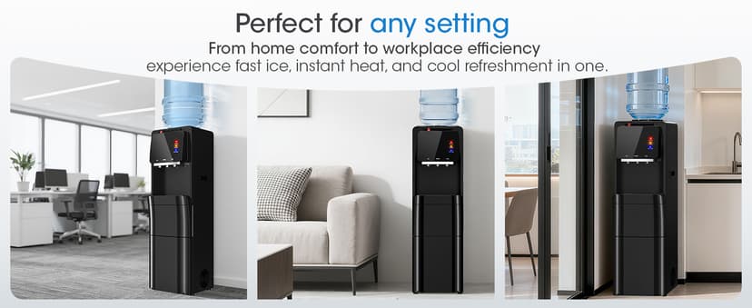Manastin 4-in-1 Water Dispenser with Ice Maker, Hot & Cold & Room Temperature Top Loading Water Cooler with Fast Ice Making, Compatible with 3–5 Gallon Bottles, for Home and Office, Space Black