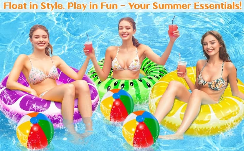 6 Pack Pool Floats Kids, 3 Pcs Inflatable Fruits Swim Tubes Rings & 3 Pcs Rainbow Beach Ball Bulk, Summer Pool Floaties for Kids Adults Swimming Float Toy Hawaiian Party Beach Water Fun Game