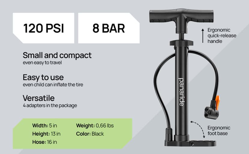 Bike Pump Floor, Advanced Bike Tire Inflator, Bicycle Hand Air Pump with Dual Presta and Schrader Valves, Handheld Pump, Suitable for Road and Mountain Bikes, Baby Stroller, Balls