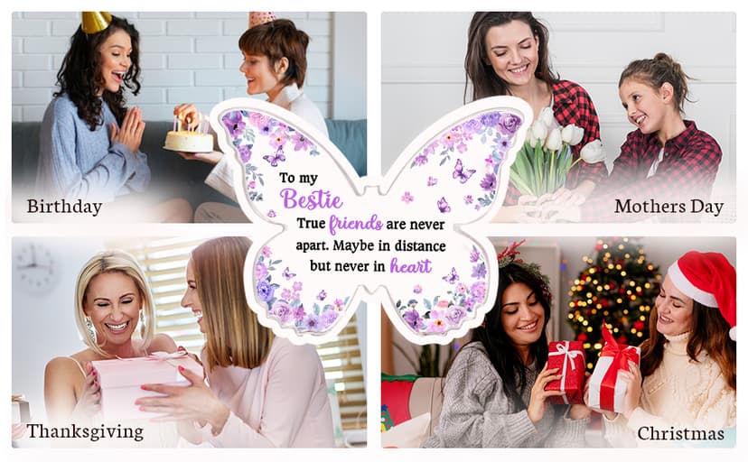 Bestie Best Friend Friendship Gifts for Women, Unique Purple Butterfly Acrylic Plaque Desk Decor, Bestie Best Friend Birthday Gifts for Women Friendship for Bff Bestfriend, 5 x 3.8 x 0.5 inches