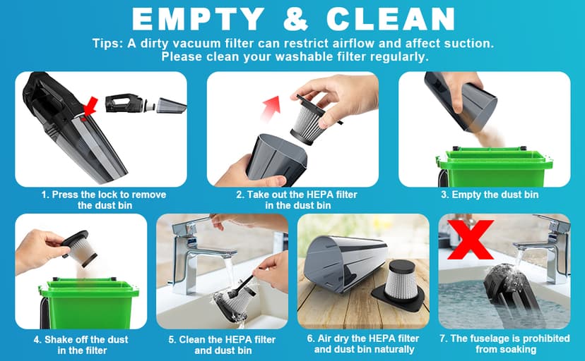 Handheld Vacuum Cordless Portable Car Vacuum with LED Light, High Power Suction, 3 in 1, Lightweight Rechargeable Hand Vacuum, Hand Held Vacuum Cleaner for Car Home Office, Pet Hair, Black