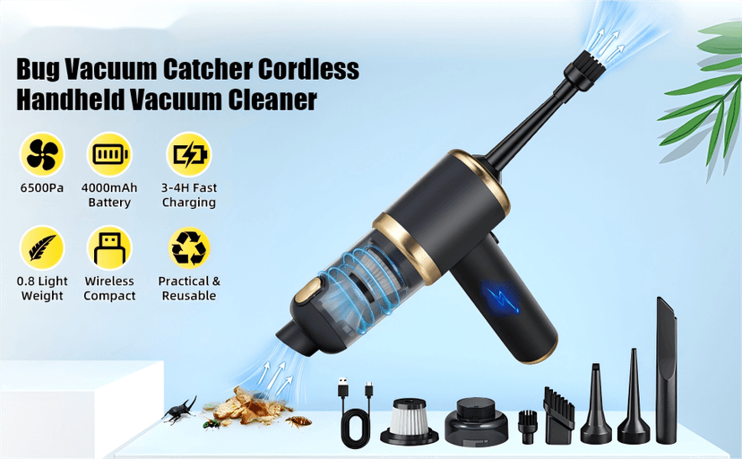 ZLieatmp Bug Vacuum Catcher,12000Pa Handheld Car Vacuum Cleaner,Suction/Blow/Charge/Extract/4-In-1 Portable Cordless Vacuum Cleaner,30-Minute Run Time Suitable for Home,Indoor and Outdoor Cleaning