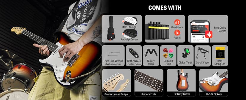 Donner 39 Inch Left-Handed Electric Guitar Kit Solid Body Sunburst Lefty Beginner Set Full-Size with Amplifier Online Lesson Bag Digital Tuner Capo Strap String Cable Picks DST-100SL