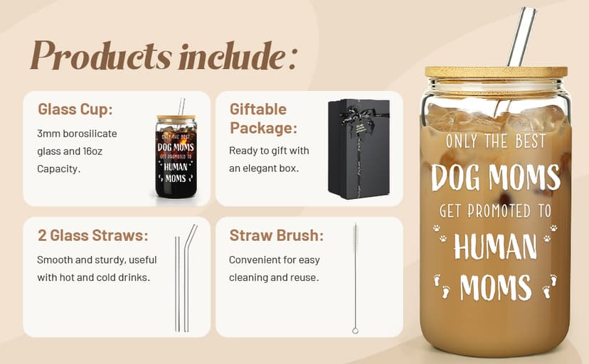 New Mom Gifts for Pregnant Women, 16oz Drinking Glass Cup with Lid and Straw, Funny Dog Mom Pregnancy Gift for Expecting Mom, Mother to be - Postpartum, Mothers Day, Birthday Gifts for First Time Moms