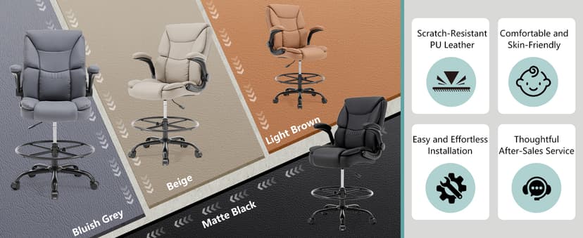 Ergonomic Drafting Chair, Tall Office Chair for Standing Desk, High Back Standing Desk Chair with Flip-Up Armrest, Adjustable Height&Foot Ring, Executive PU Leather Extended Height Office Chairs,Brown