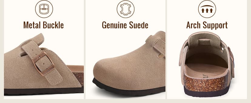 ODOLY Genuine Suede Clogs for Women Men Soft Cork Footbed Leather Mules Comfort Potato Shoes with Arch Support