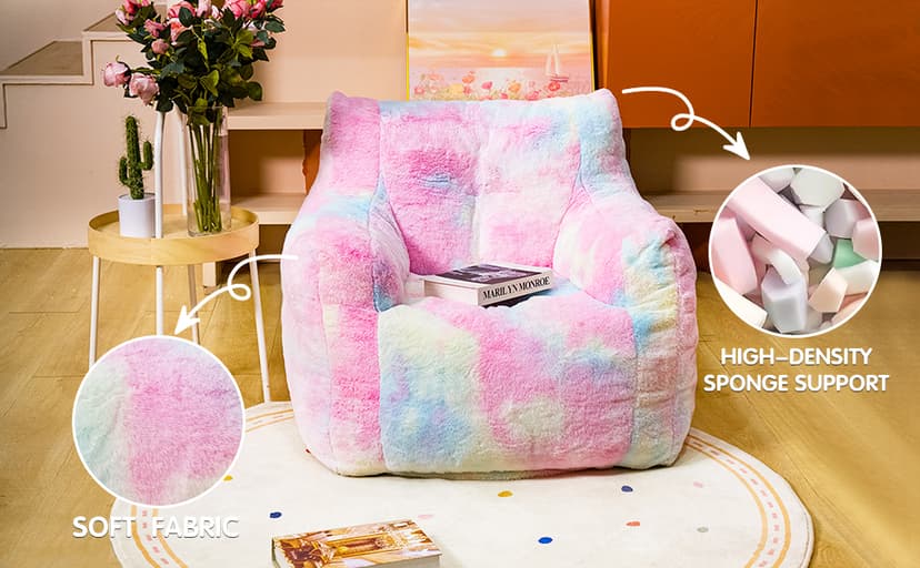 Bean Bag Chair with Filling, Faux Fur Comfy BeanBag Chairs for Teens, Adults, Bedroom, Living Room, Reading - Rainbow