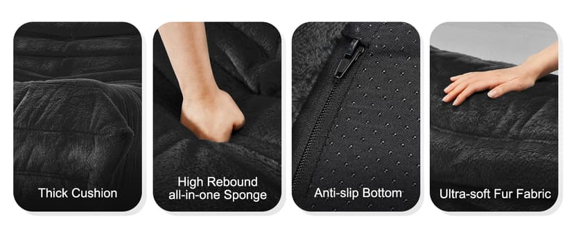 Bean Bag Chairs for Adults Giant Bean Bag Chair Memory Foam BeanBag Chair Bean Bag Sofa with Filler Faux Fur Fireside Beanbags Lazy Sofa for Living Room Bedroom Office (Black Plush, Single)