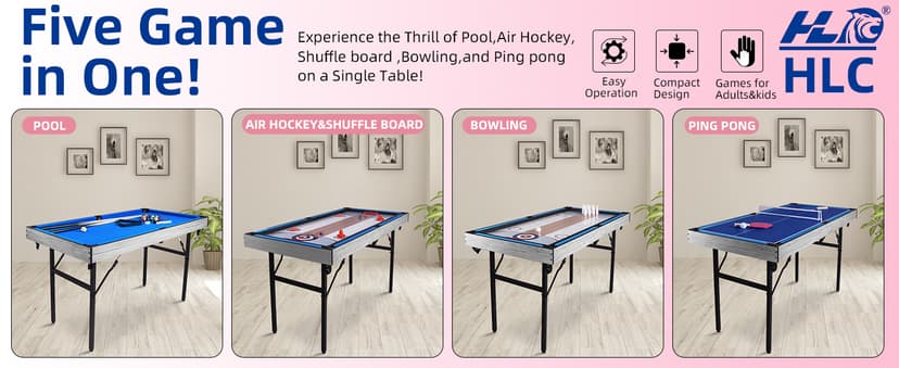 5in1 Multi-fuction Games Table,Folding Multi Game Combination Table Set with Ping Pong, Pool Billiards, Air Hockey, Bowling, and Shuffleboard for Indoor, Outdoor